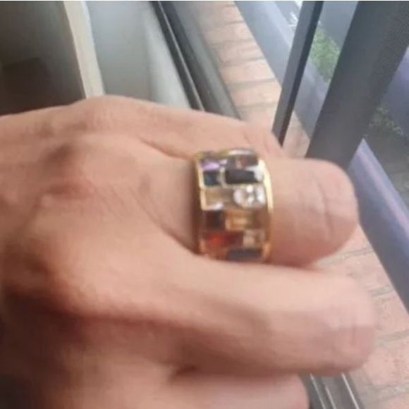 Gold solid titanium multi color Swarovski crystal boho ring sz 9  new - Picture 3 of 9